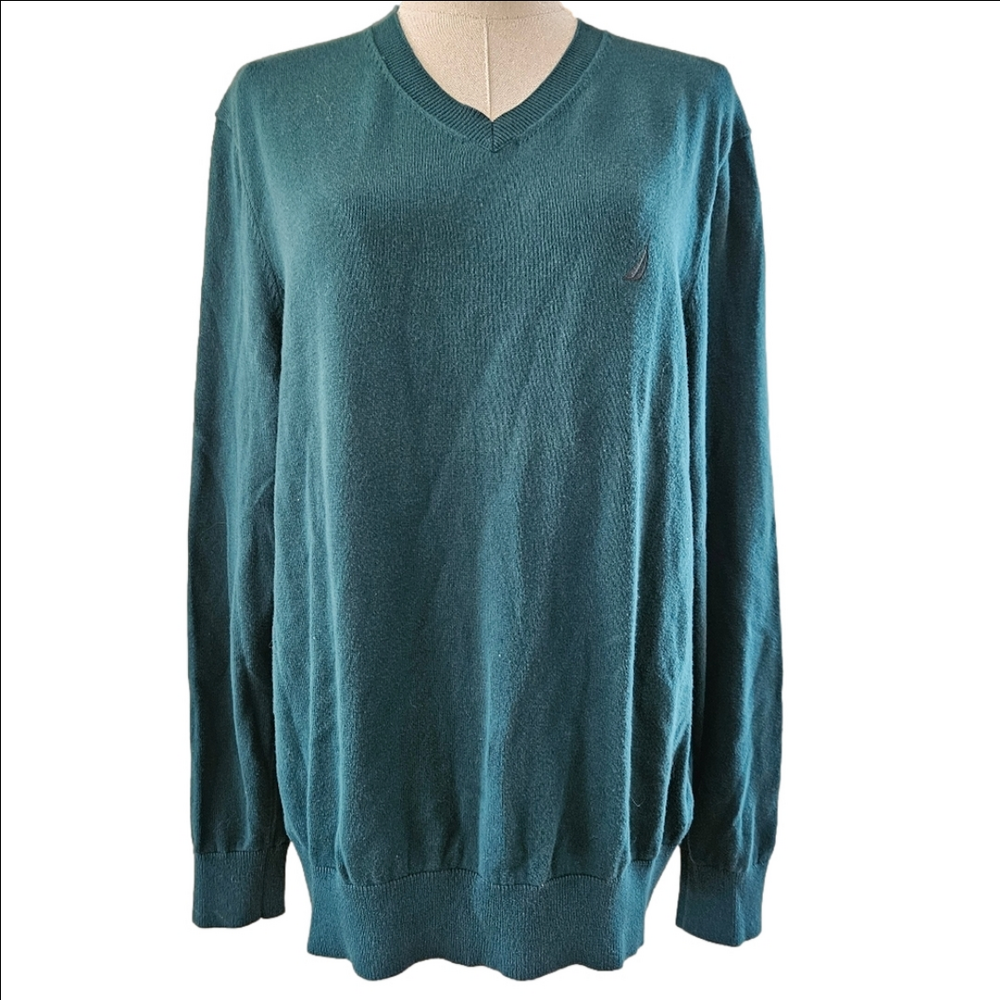 Nautica Men's Green V-neck Pullover 100% Cotton Sweater-Size Medium